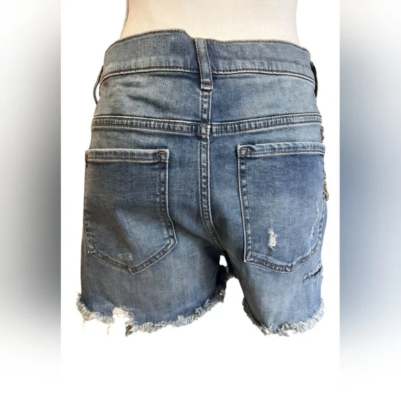 Express High Rise Distressed Rhinestone Embellished Shortie - Size 2 - Picture 3 of 8